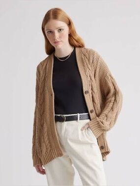 Quince 100% Organic Cotton Oversized Cable Cardigan in the color camel Medium